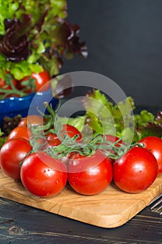 Fresh red small tomatoes and green leaf salad in blue bowl ready