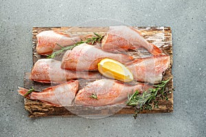 Fresh red snapper with lemon, rosemary, salt on a wooden board. banner, menu, recipe place for text, top view