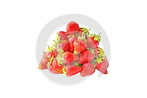 Fresh red summer fruits strawberries isolated on white background. Natural healthy food. A bunch, heap or pile of berries with gre