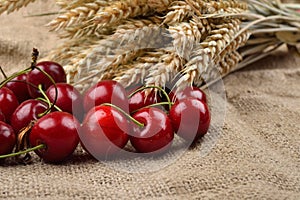 Fresh red and tasty cherries on jude background, with bunch of w