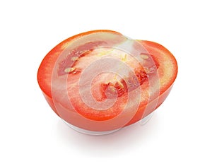 Fresh red tomato cut in half, Isolated on white background.