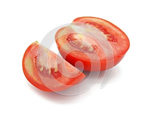 Fresh red tomato cut in half and piece, Isolated on white background.