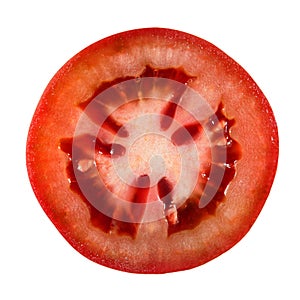 Fresh red tomato cut horizontally isolated on white