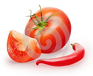 Fresh red tomato with green leaf, slice and chili pepper