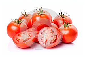 Fresh Red Tomato and sliced tomatoes with water droplets isolated on white background. Generative Ai