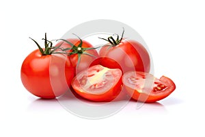 Fresh Red Tomato and sliced tomatoes with water droplets isolated on white background. Generative Ai