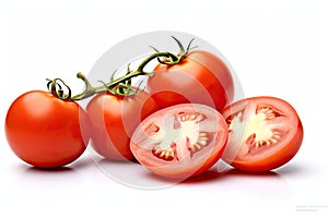 Fresh Red Tomato and sliced tomatoes with water droplets isolated on white background. Generative Ai