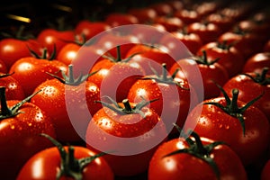 Fresh red tomatoes on the counter of a supermarket. Toned.