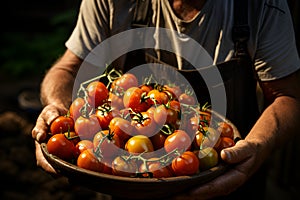 Fresh red tomatoes in farmer hands of garden