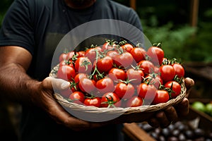 Fresh red tomatoes in farmer hands of garden