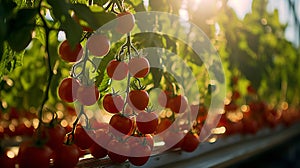 Fresh red tomatoes grow on a branch in a greenhouse