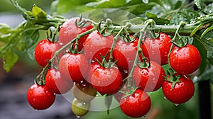 Fresh red tomatoes grow on a branch in a greenhouse