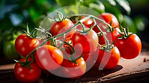 Fresh red tomatoes grow on a branch in a greenhouse