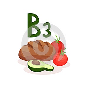 Fresh red tomatoes, rye bread and half of avocado. Food with vitamin B3. Healthy nutrition and diet theme. Flat vector