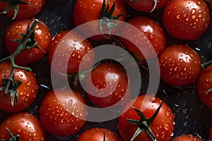 Fresh red tomatoes with water drops seamless closeup background and texture, neural network generated image