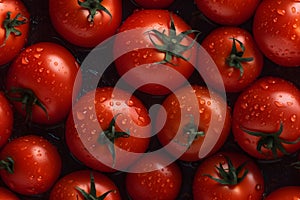 Fresh red tomatoes with water drops seamless closeup background and texture, neural network generated image