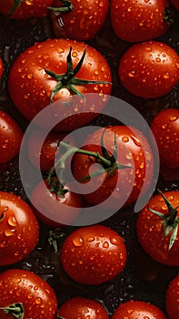 Fresh red tomatoes with water drops seamless closeup background and texture, neural network generated image