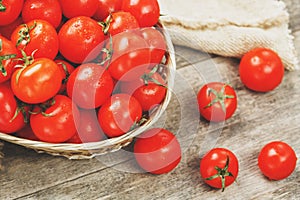 Fresh red tomatoes in a wicker basket on an old wooden table. Ripe and juicy cherry tomatoes with drops of moisture, gray wooden