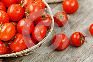 Fresh red tomatoes in a wicker basket on an old wooden table. Ripe and juicy cherry tomatoes with drops of moisture, gray wooden