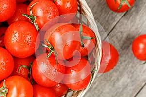 Fresh red tomatoes in a wicker basket on an old wooden table. Ripe and juicy cherry tomatoes with drops of moisture, gray wooden