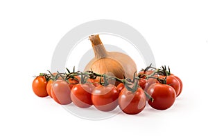 Fresh red tomatos with green brunch and onions isolated on whit