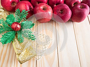 Fresh red wet apples with ribbon chrismas