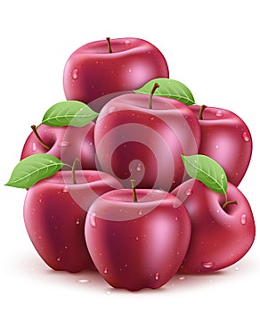 Fresh Red Wet Apples with Water Drops 3D Realistic Stacked