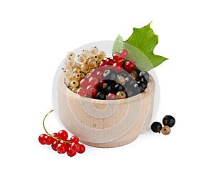 Fresh red, white and black currants in bowl with green leaf isolated on white