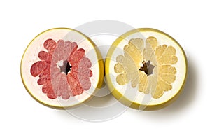 Fresh red and white Pomelo close up on white background