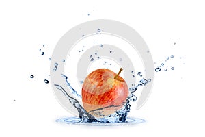 Fresh red yellow apple flying falling in splashing water isolated on white