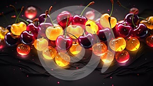 Fresh red and yellow cherries. Food ecology and agriculture. Fruit background with berries. Generative AI. Illustration for banner