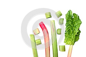 Fresh rhubarb. Red and green stems, whole and cut into pieces, petiole with a leaf. Rhubarb plant isolated on a white background.