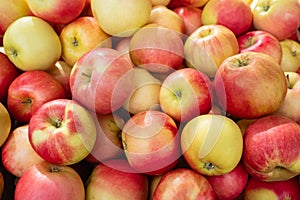 Fresh ripe apples as background. Full frame shot of red apples. Fresh red apples from the market