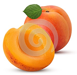 Fresh ripe apricot, one cut in half with leaf