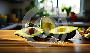 Fresh Ripe Avocado Halves with Pit on Wooden Kitchen Counter in Sunlit Modern Home