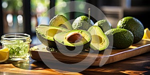 Fresh Ripe Avocado Halves with Pit on Wooden Kitchen Counter in Sunlit Modern Home