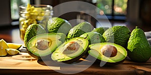 Fresh Ripe Avocado Halves with Pit on Wooden Kitchen Counter in Sunlit Modern Home