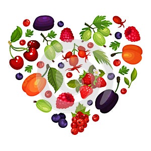 Fresh ripe berries in heart shape. Cherry, blackberry, strawberry, goodberry, dog rose and blueberry poster, card