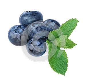 Fresh and ripe bilberries with green mint, isolated on a white background. Healthful and sweet blueberries, close-up.