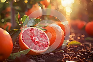 Fresh Ripe Blood Oranges on Trees in Orchard with Sun Flare Vibrant Citrus Fruit Harvest Concept