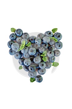 Fresh ripe bluberries in shape of heart, healthy food concept. Blueberries in heart shape on white background