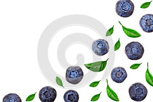 Fresh ripe blueberry with leaf isolated on white background with copy space for your text. Top view. Flat lay pattern