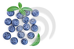Fresh ripe blueberry with leaf isolated on white background with copy space for your text. Top view. Flat lay pattern