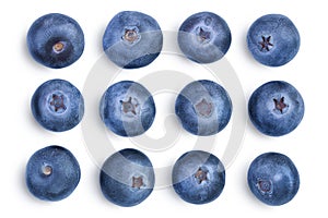 Fresh ripe blueberry with leaves isolated on white background with clipping path . Top view. Flat lay pattern. Set or