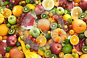 Fresh ripe bright colorful fruits and vegetables from market, summer farm harvest background