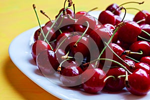 Fresh ripe cherries in a bowl with water drops. Side view on yellow background