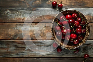 Fresh ripe cherries in bowl on wooden table, flat lay banner empty space