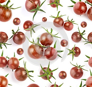 Fresh ripe cherries tomato with green peduncle seamless pattern