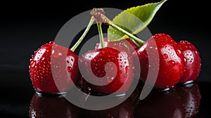 Fresh Ripe Cherry on Black background, Juicy and tasty Fruit, Healthy Food
