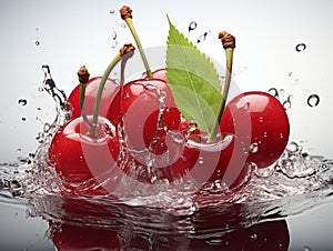 Fresh Ripe Cherry with Splash effect, Juicy and tasty Fruit, Healthy Food